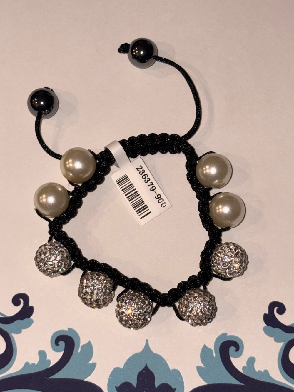 White Crystal Disco Ball Faux Pearl Macramé Bracelet Adjustable Drawstring Cuff